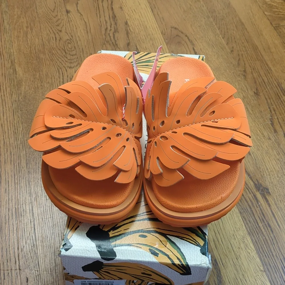 NIB FARM Rio Monstera Anatomic Slide Sandals In Orange Women's Size 7